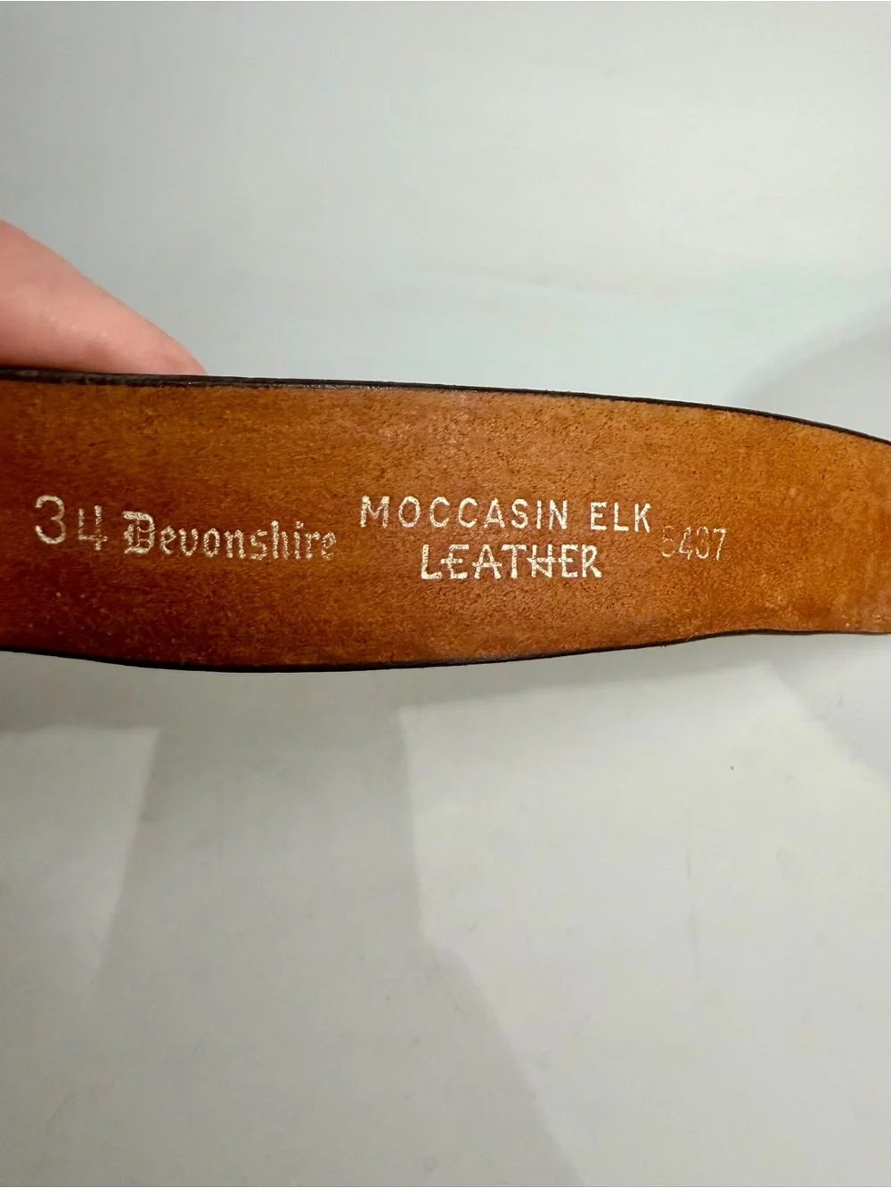 VTG Devonshire 34 1.5” Moccasin Elk Leather Belt Top Grain Silver Brass Buckle